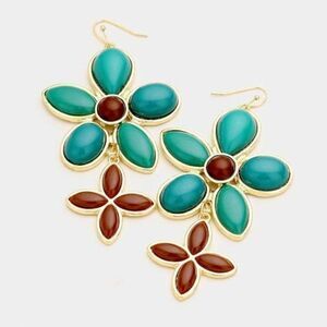 Teal Blue & Brown Resin Flower Earrings NWT